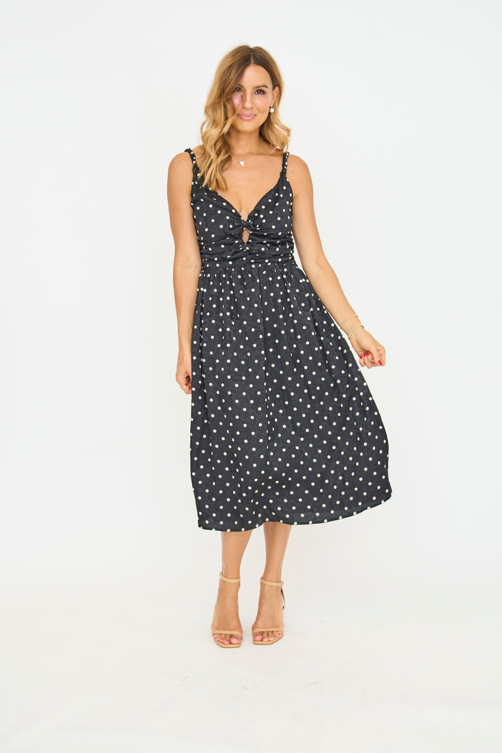 Lena Ruched Polka Dot Midi Dress