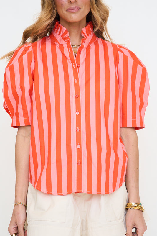 Stripe Button Up Ruffle Neck Top