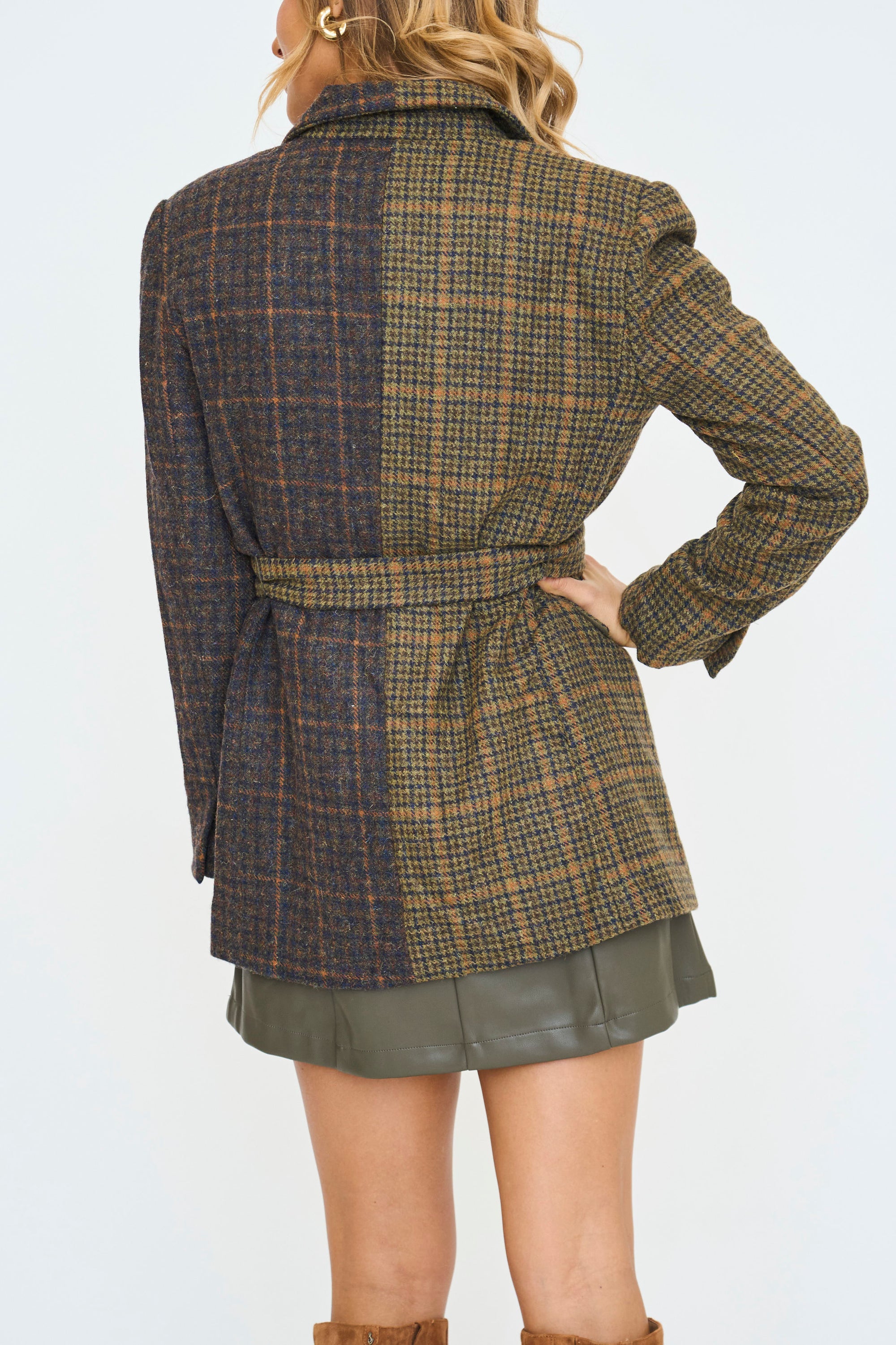 Mixed Plaid Belted Blazer