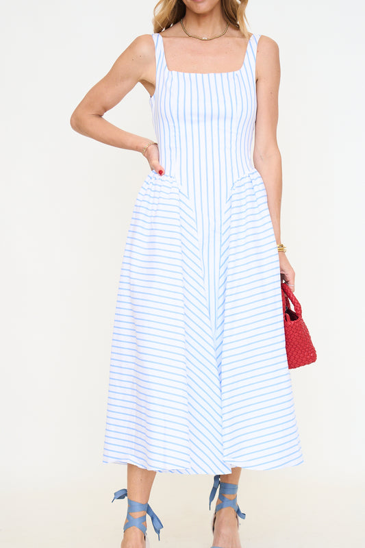 Striped Sleeveless Side Gathered Flared Midi Dress
