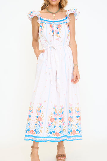 Border Print Ruffle Shoulder Strap Maxi Dress