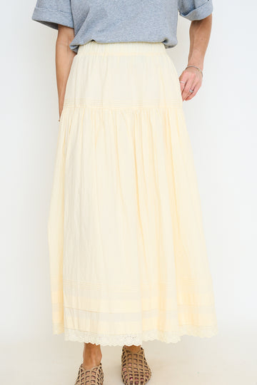 Tiered Pintuck Eyelet Lace Trimmed Midi Skirt