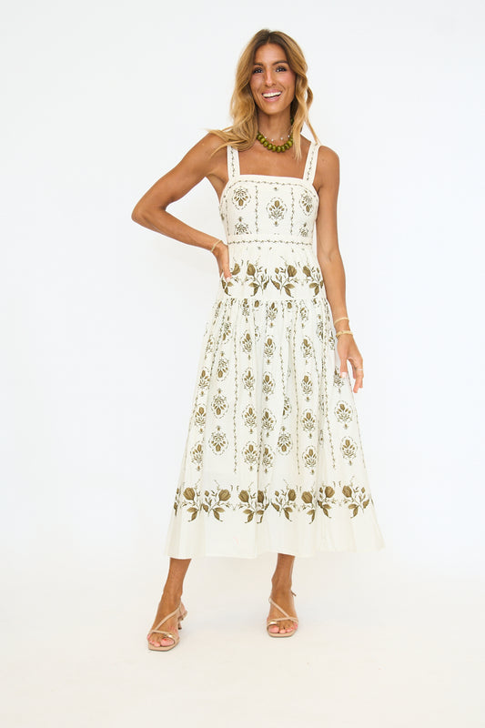 Botanical Print Drop-Waist Midi Dress
