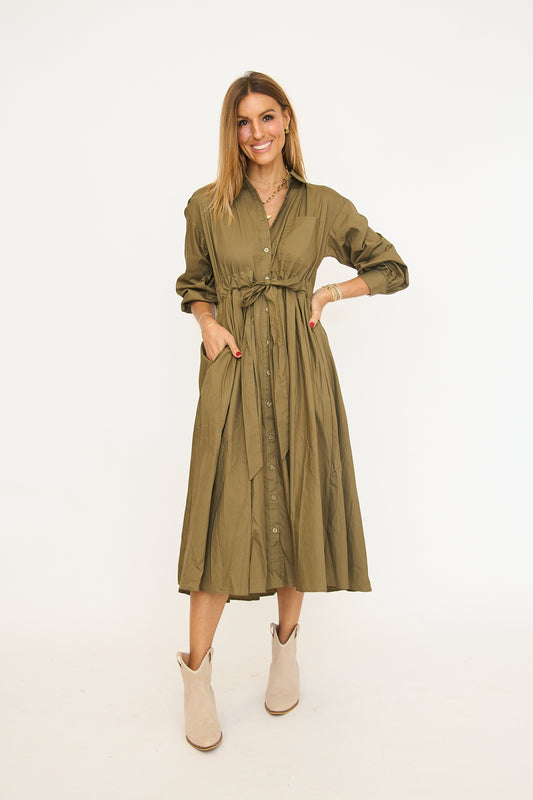 Front Pleat Accent Button Down Midi Dress