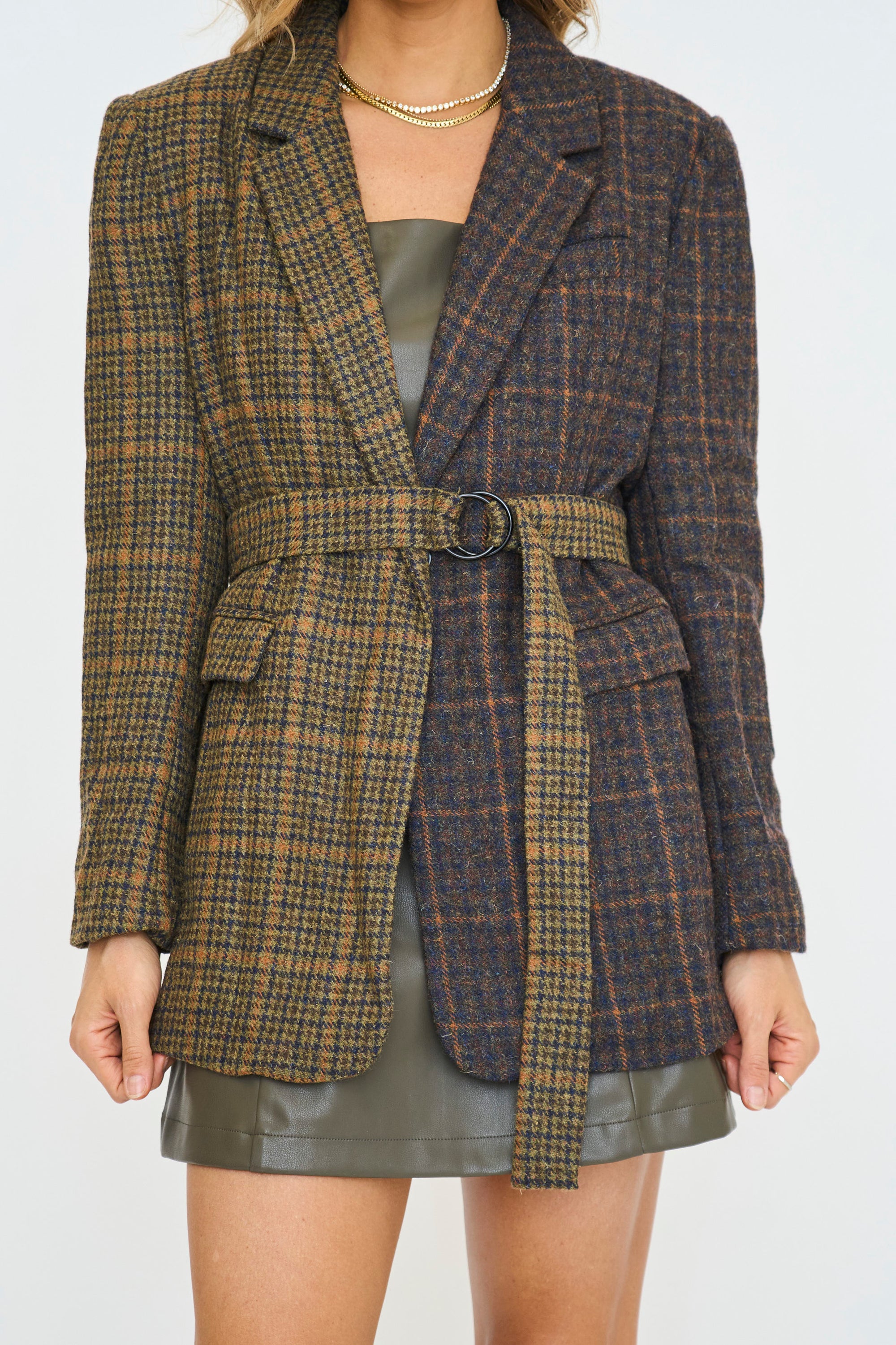 Mixed Plaid Belted Blazer