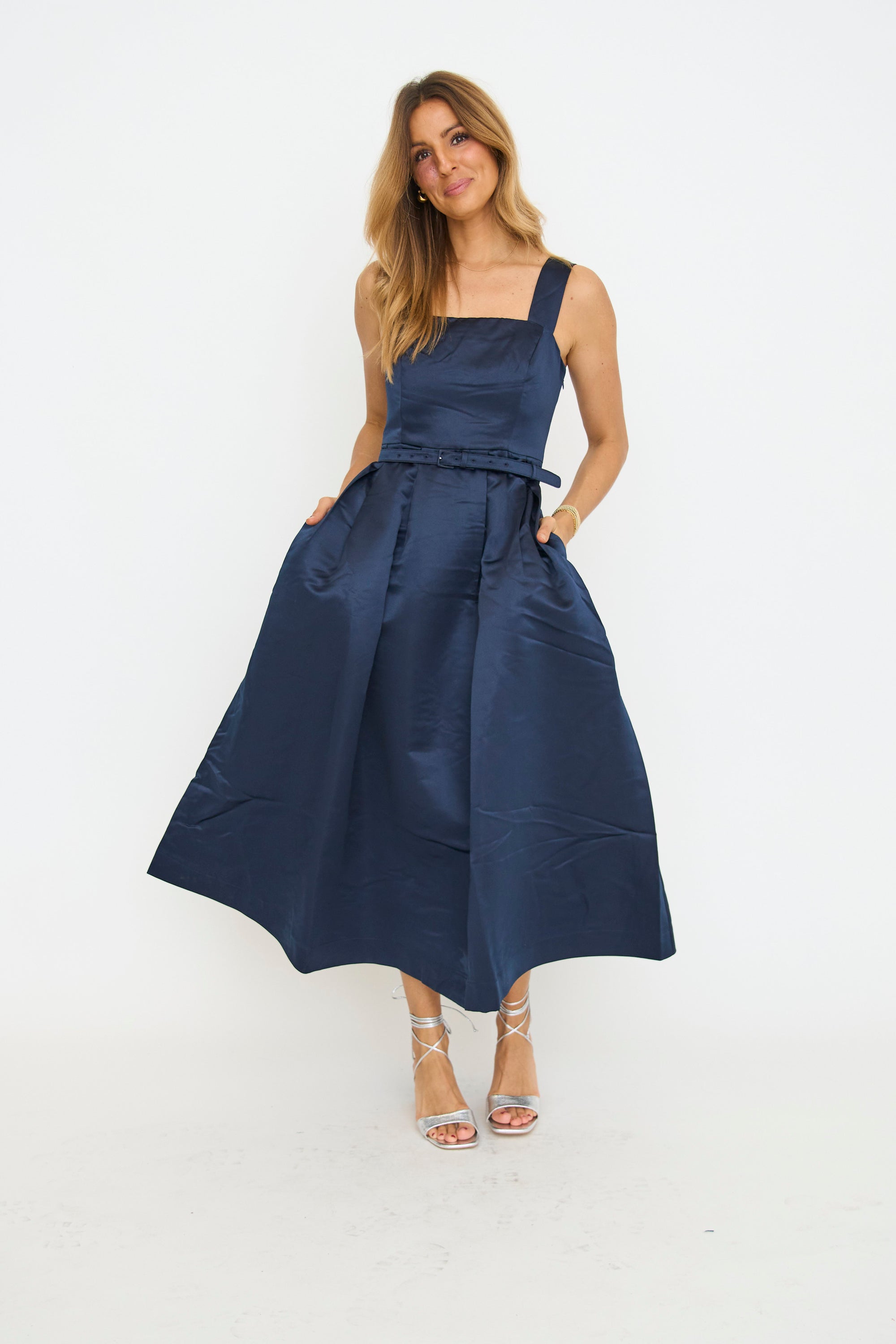 Satin Belted Midi Dress