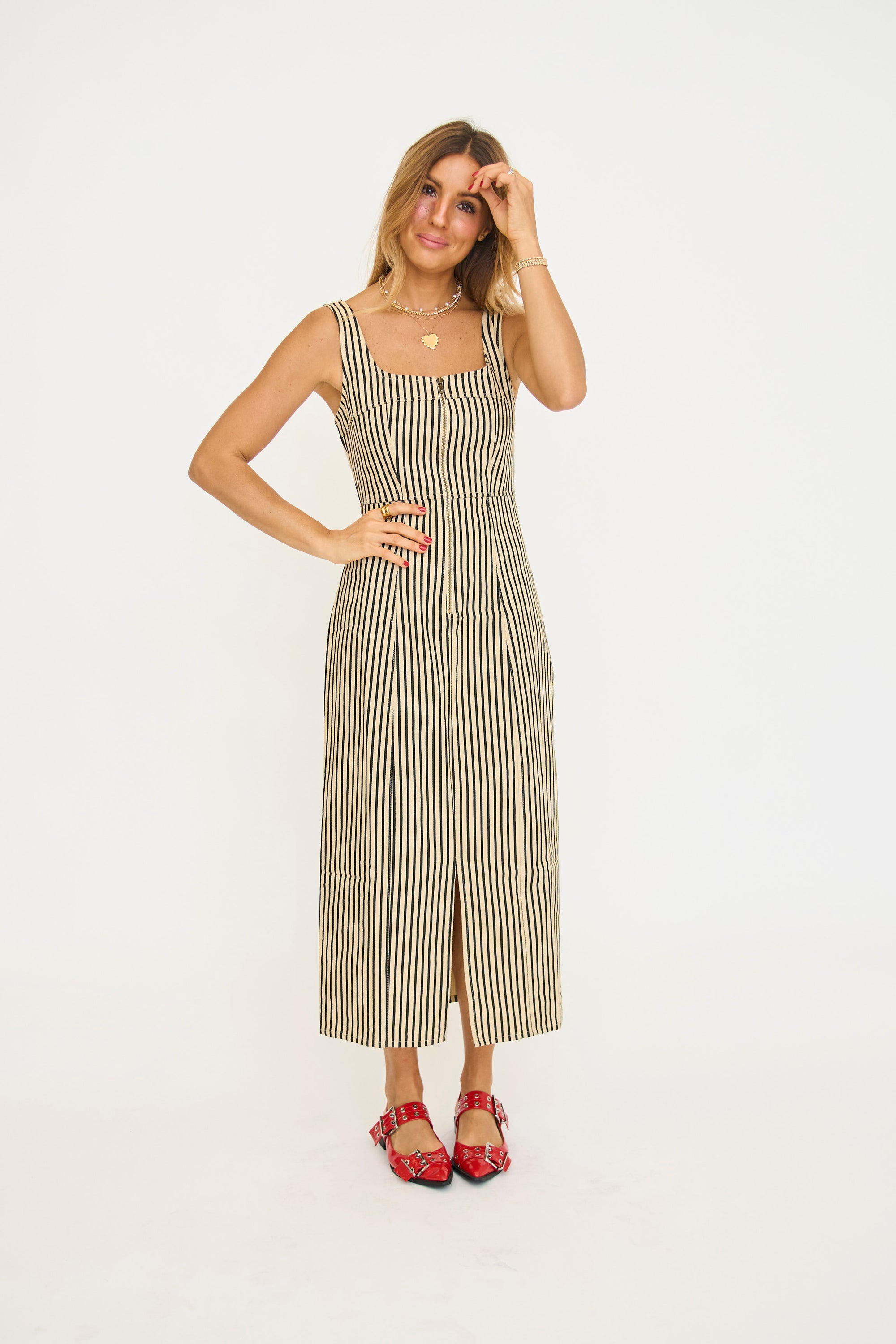 Zip Up Stripe Twill Dress