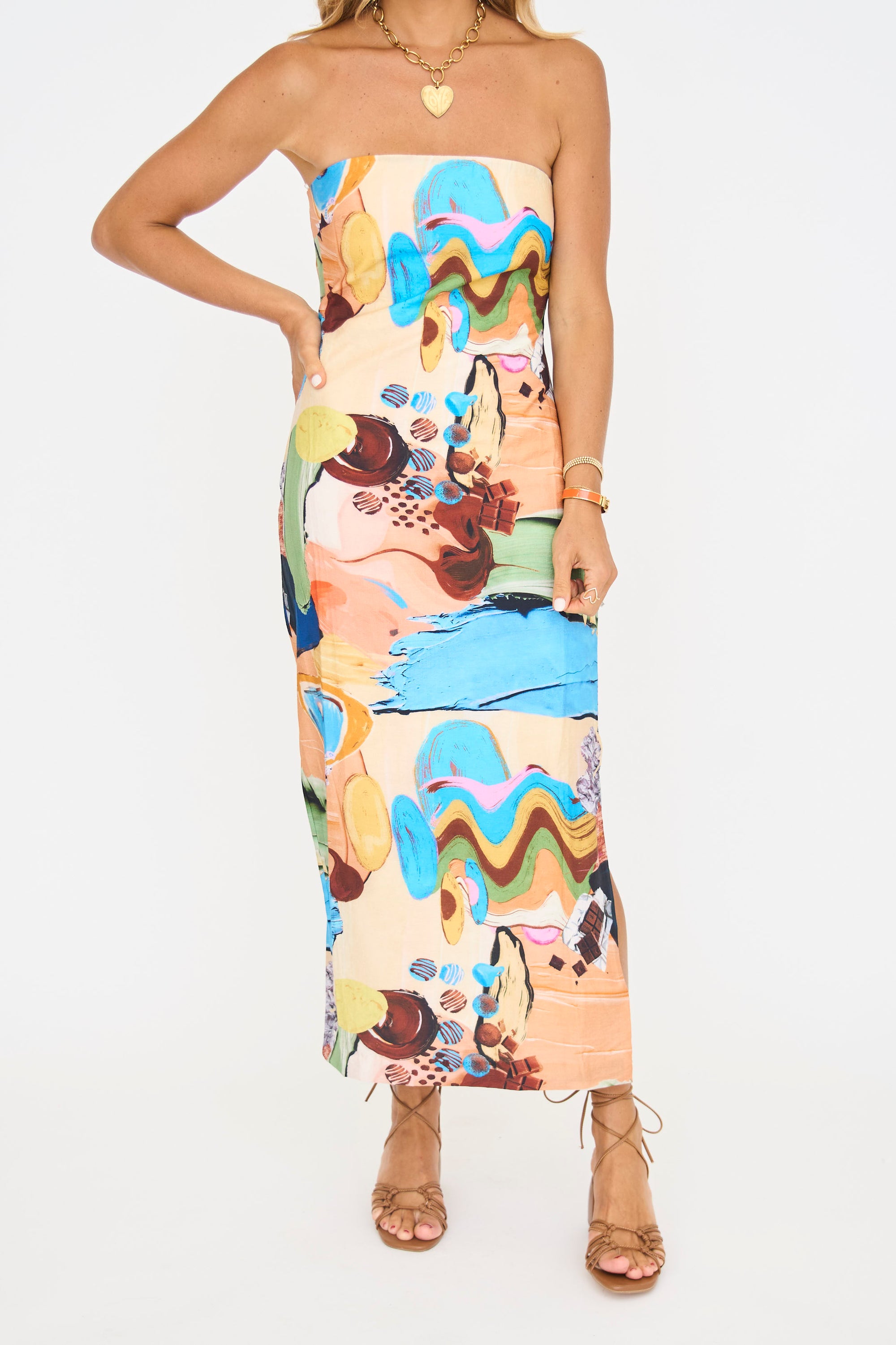 Abstract Print Strapless Dress