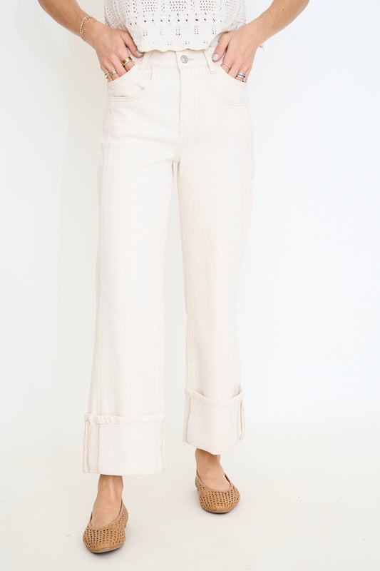 Ecru Super High Rise Cuffed Wide Leg Jean