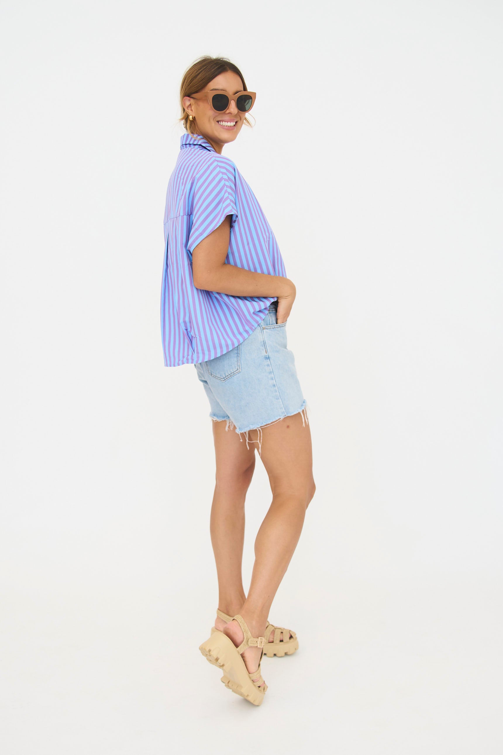 Mandy Stripe Poplin Vneck Top