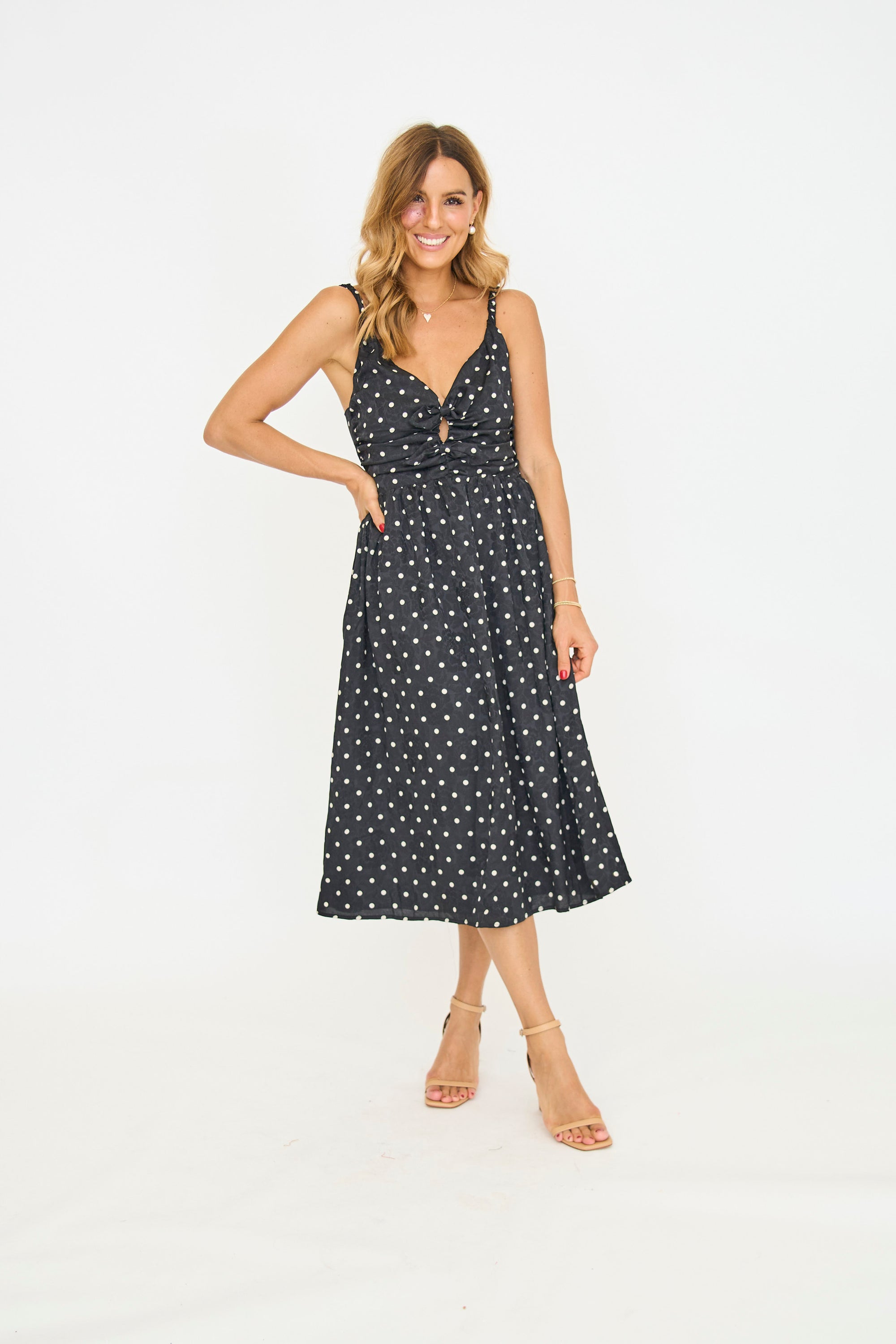 Lena Ruched Polka Dot Midi Dress