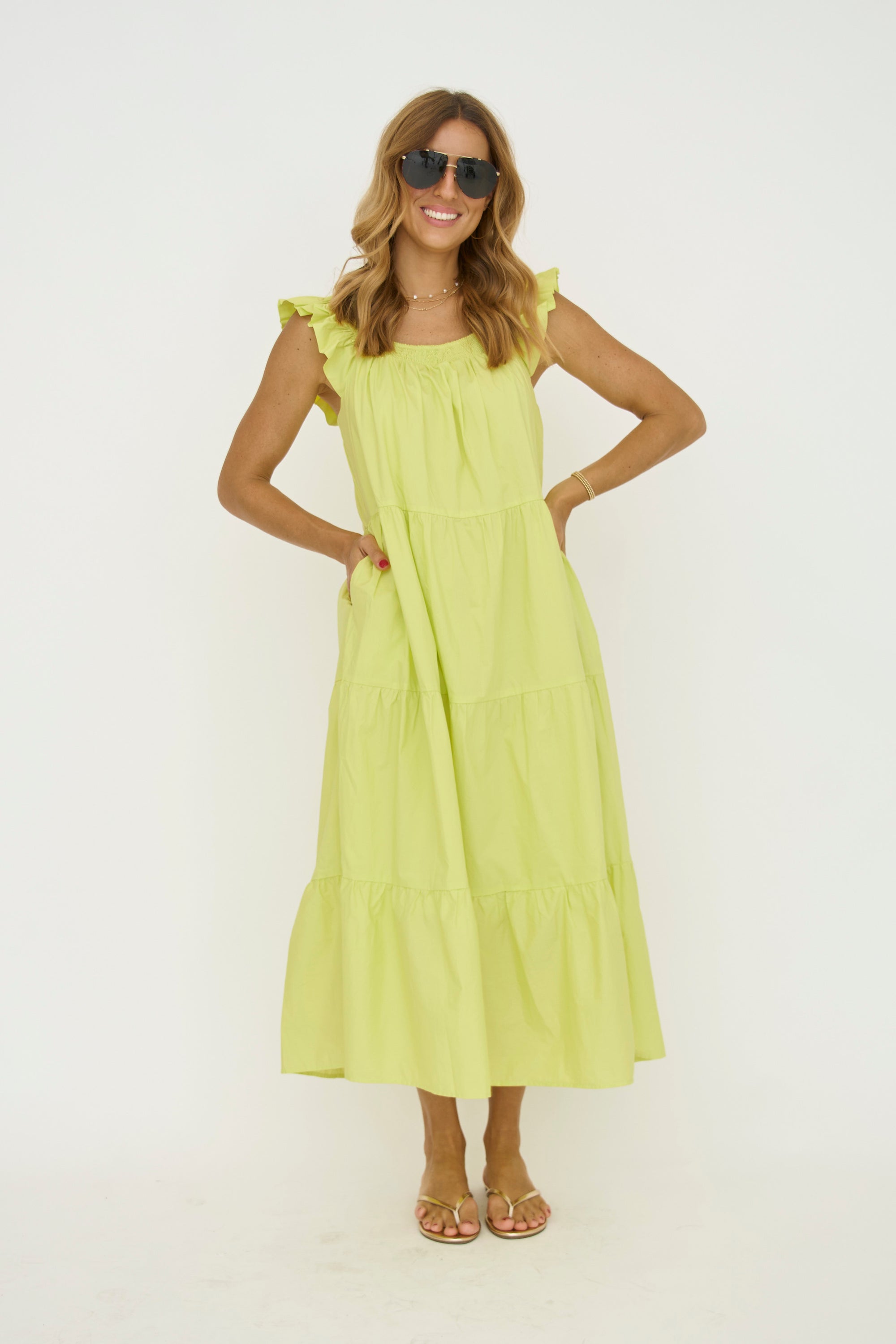 Ruffle Detail Midi Dress in Lime