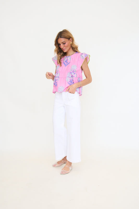 Pink Ruffle Sleeves Floral Pattern Top