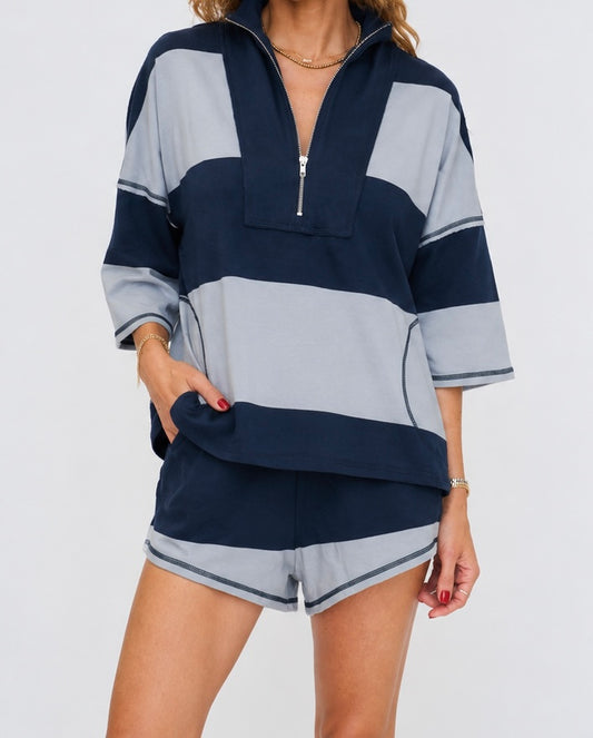 Yarn Dye Stripe Half Zip-Up Top and Shorts Set