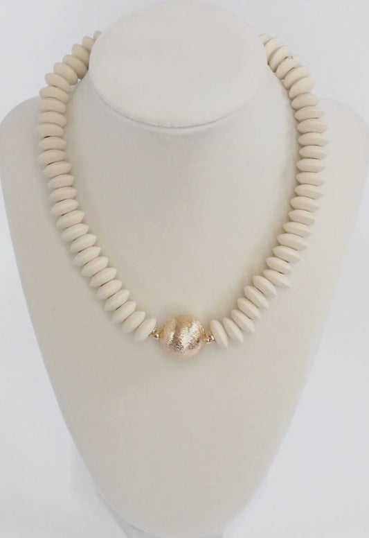 Wood Saucer Beads Short Statement Necklace Gold Center