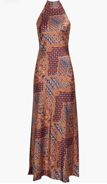 Scarf Print Halter Satin Maxi Dress