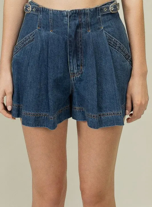 Pleated Denim Shorts with Adjustable Waist