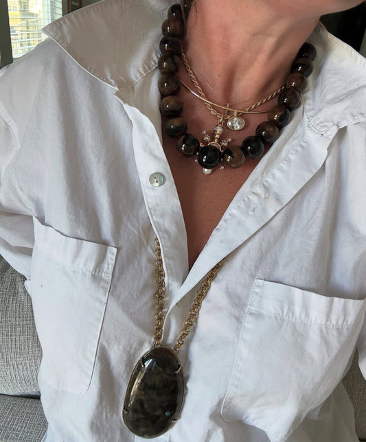 Chunky Beaded Necklace - Woodgrain