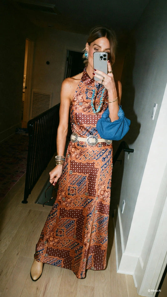 Scarf Print Halter Satin Maxi Dress