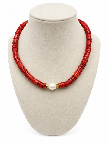 Coral and Pearl Handmade Beaded Necklace