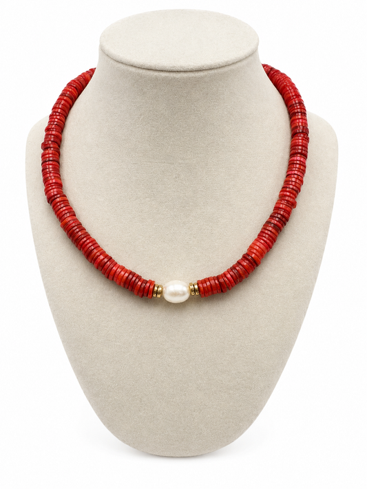 Coral and Pearl Handmade Beaded Necklace