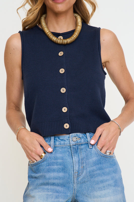 Raw Edge Button Down Knit Cardigan Vest Top