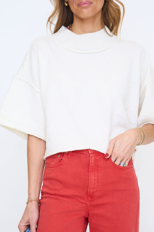 Marled Knit Mock Neck Short Sleeve Sweater