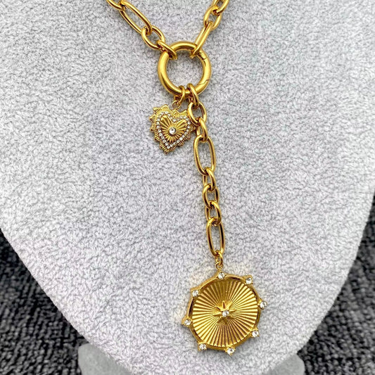 Sun & Heart Charm Lariat Chain Necklace