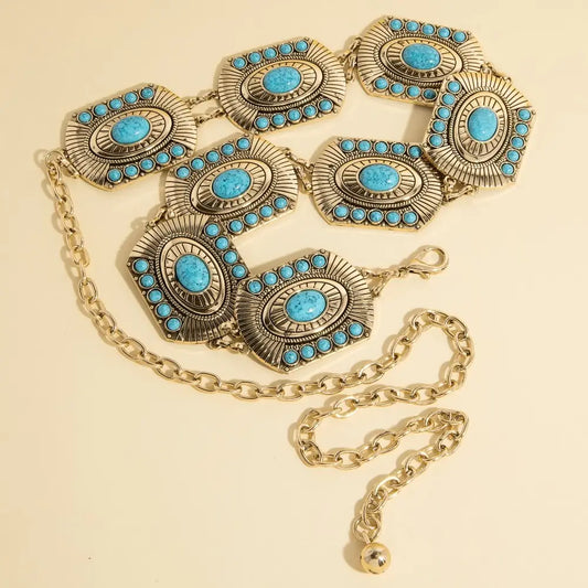 Western Concho Turquoise Stone Detail Chain Belt