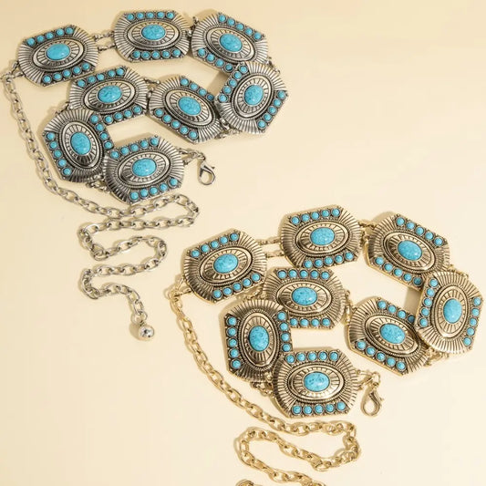 Western Concho Turquoise Stone Detail Chain Belt