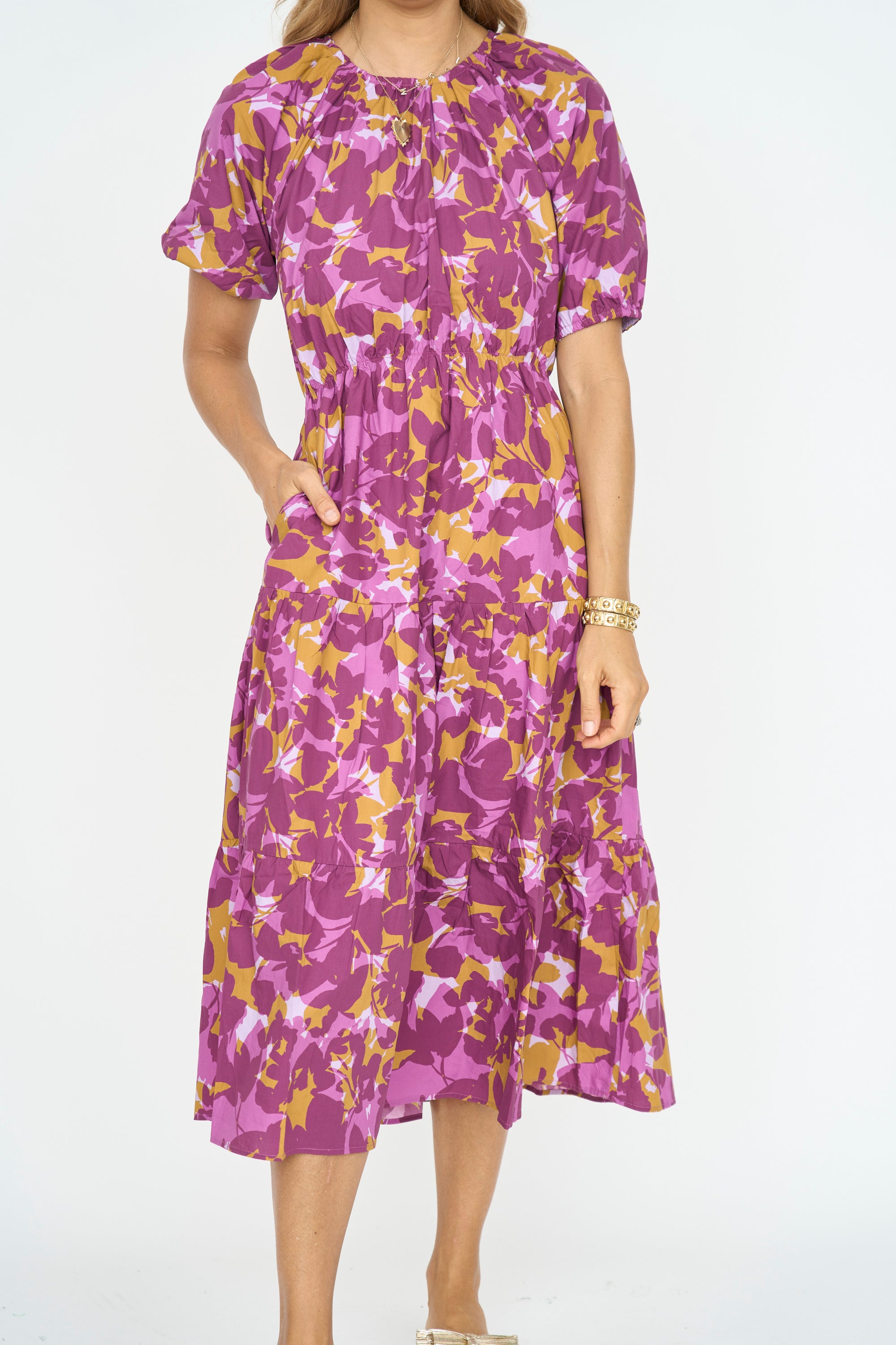 Donna Poplin Print Tiered Midi Dress